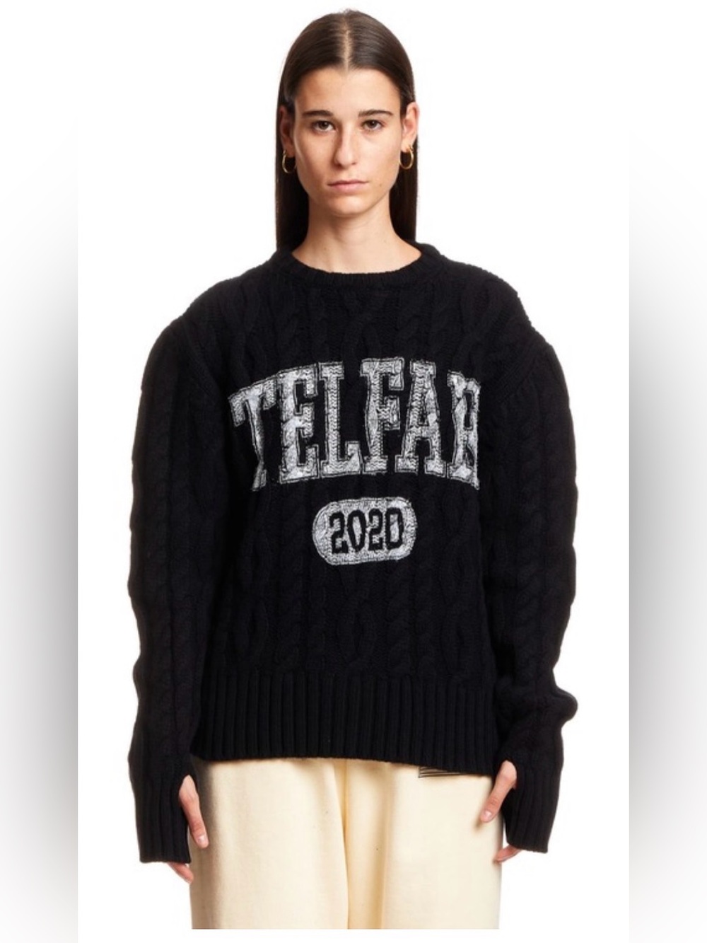 Telfar Black Cable-Knit Logo Crewneck Sweater